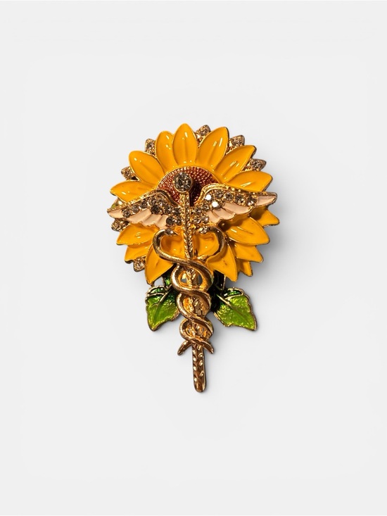 Jewelry - Sunflower Caduceus Pin - Yellow & Green Enamel